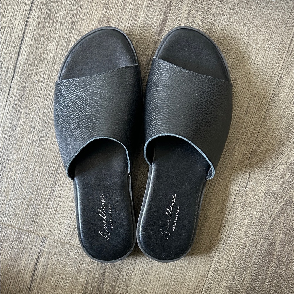 Avellini Italian Black Leather Slide Sandals